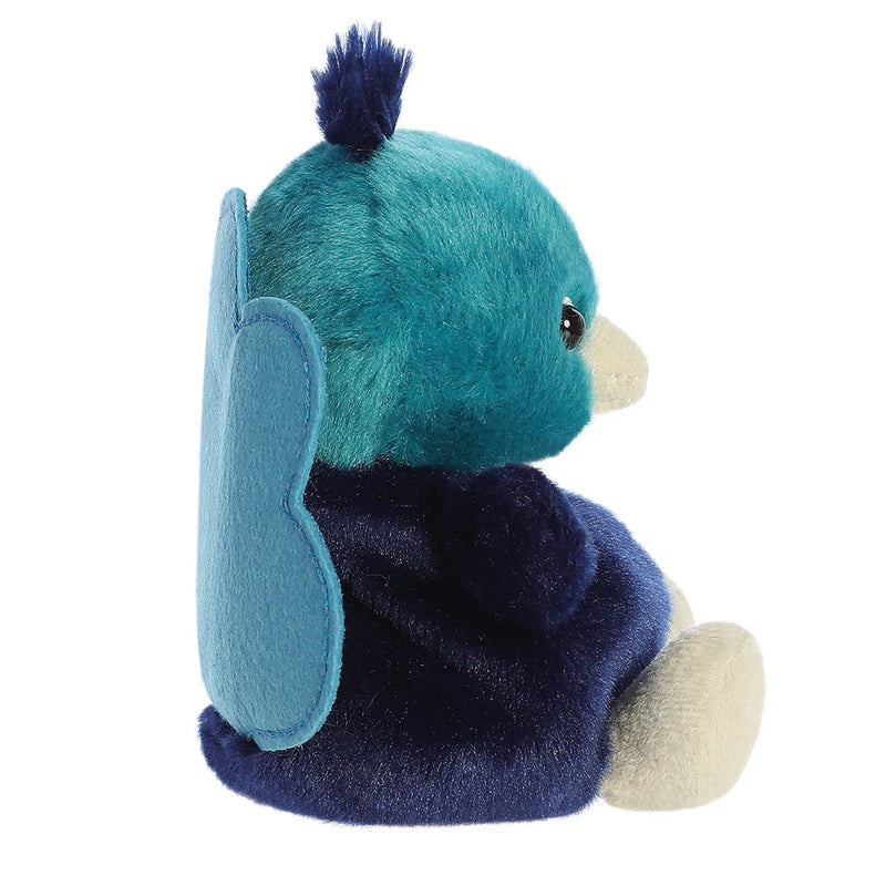 Side view of Palm Pals Elton Peacock plushie with teal head and tail detail