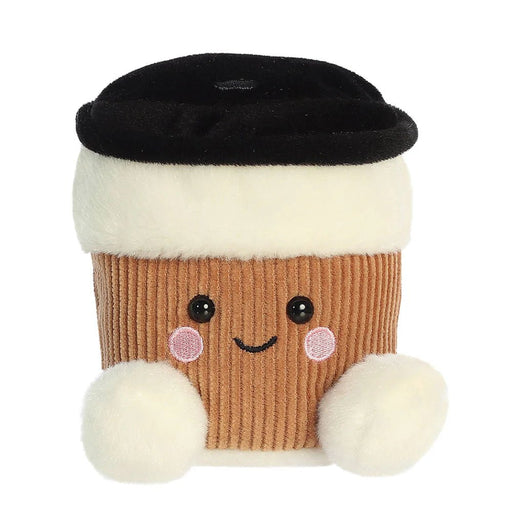 Palm Pals Essie Coffee Cup plush toy with black lid and corduroy sleeve, front view on white background