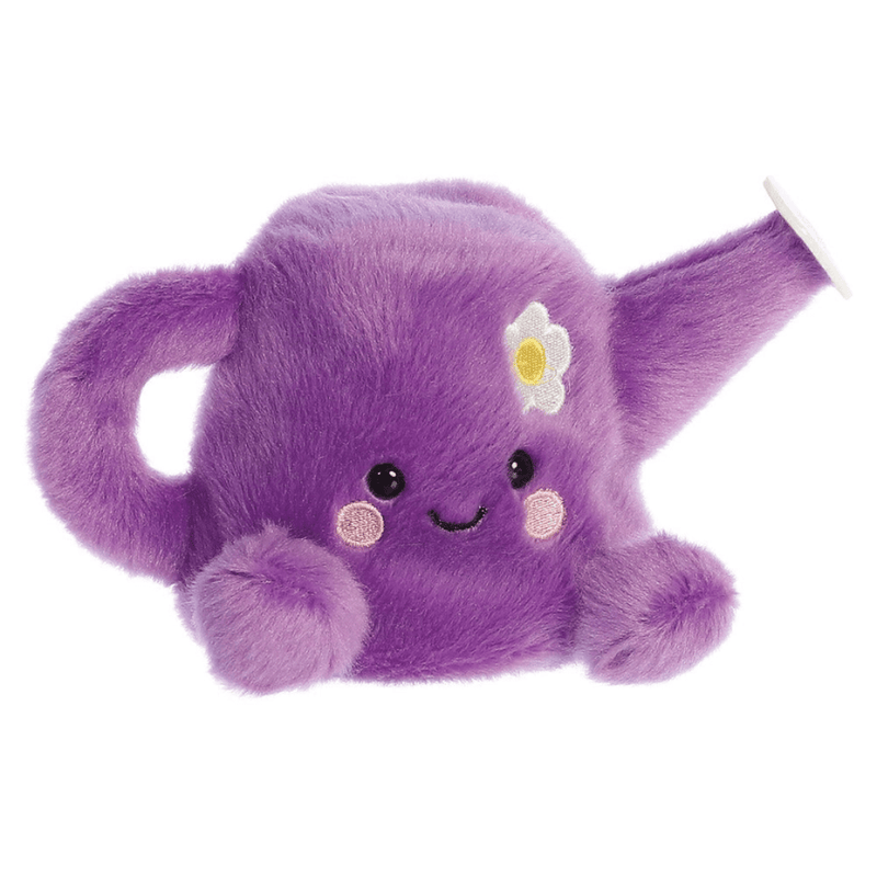 Angled view of Palm Pals Flo purple watering can plush toy