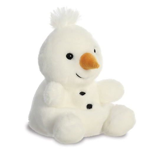 Angled view of Froyo Snowman soft toy, smiling face and seated pose