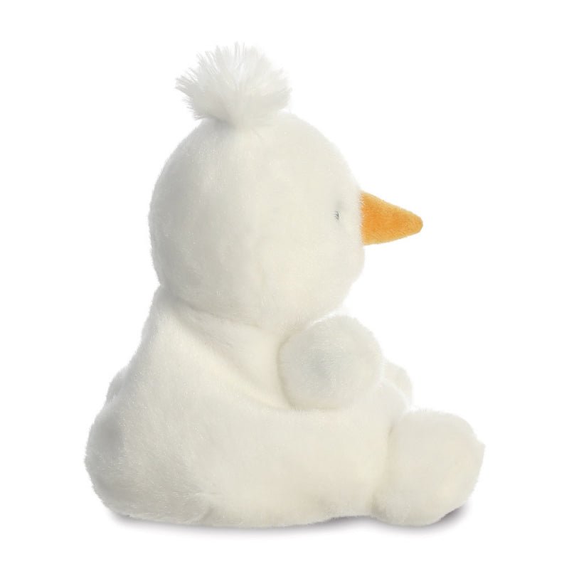 Side profile of Froyo Snowman plush showing carrot nose and tufted hair