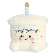 Palm Pals Happy B’day Cake plush toy sitting upright with candle and smiling face, front angle on white background
