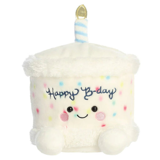 Palm Pals Happy B’day Cake 20cm plush toy with candle and Happy B-day text, front view on white background