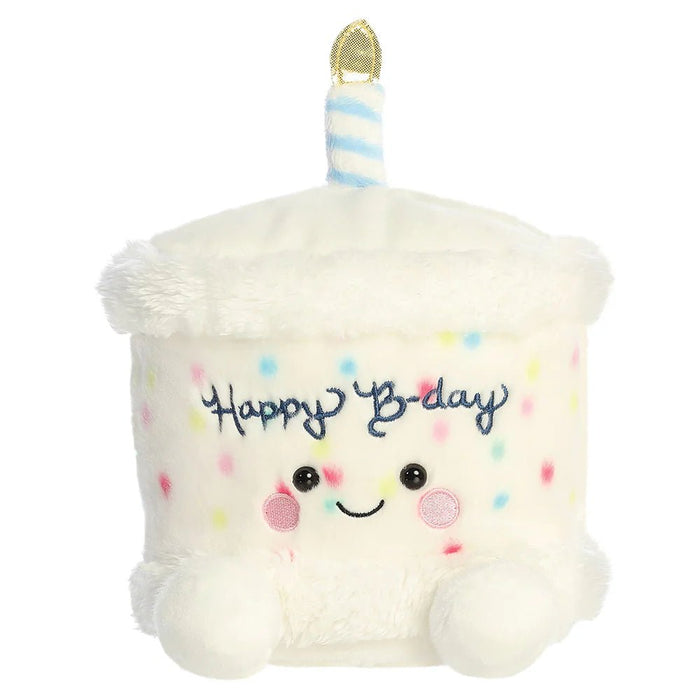 Palm Pals Happy B’day Cake 20cm plush toy with candle and Happy B-day text, front view on white background
