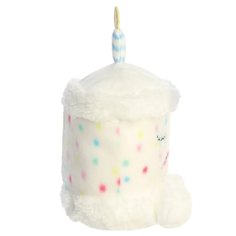 Palm Pals Happy B’day Cake 20cm plush toy in cake shape, side profile with candle on white background
