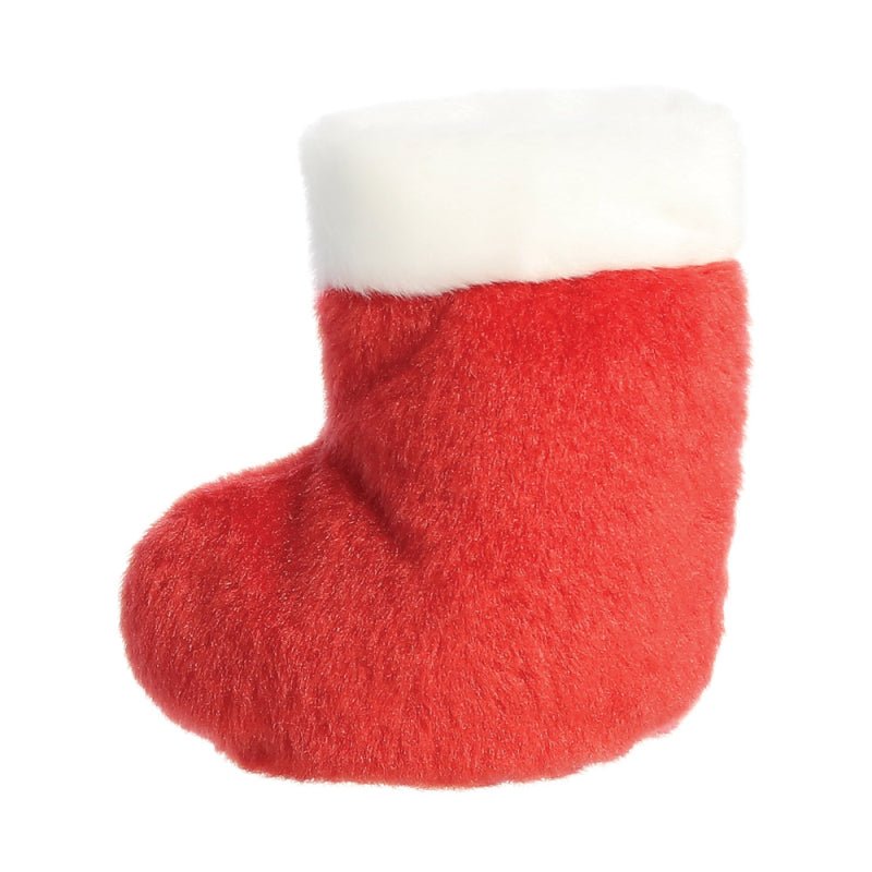 Back view of Holly Stocking soft toy, red body with white cuff