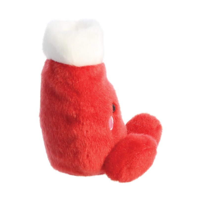 Side profile of Holly Stocking plush showing rounded toe and cuff