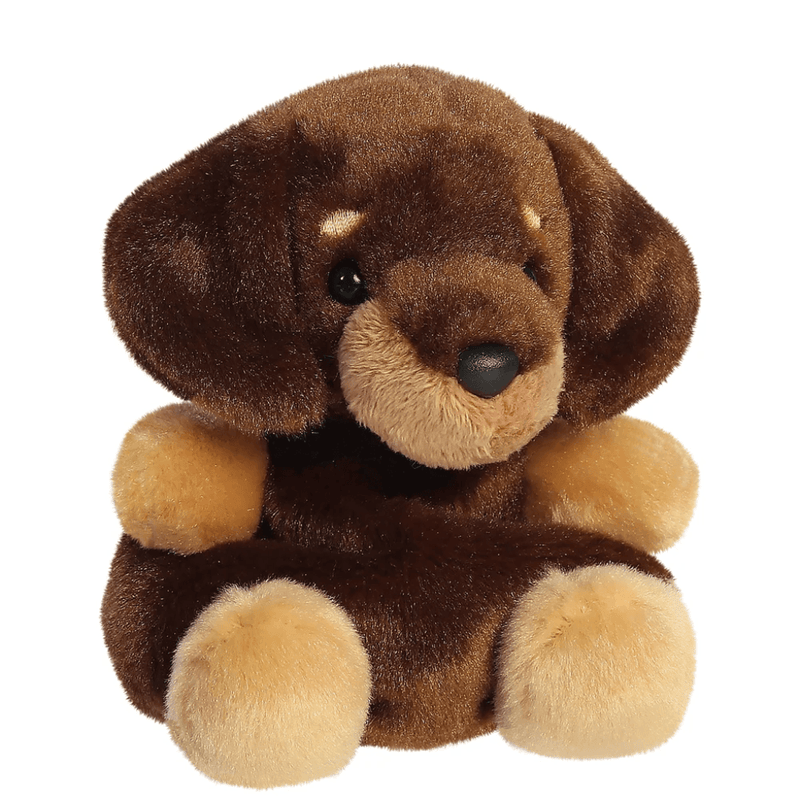 Angled view of Palm Pals Houdini Dachshund brown soft toy