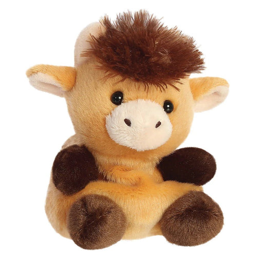 Angled view of Palm Pals Hubert Highland Cow plush toy by Aurora