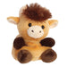 Angled view of Palm Pals Hubert Highland Cow plush toy by Aurora