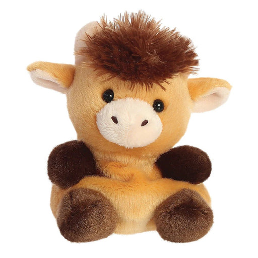 Palm Pals Hubert Highland Cow plush toy front view in tan and brown