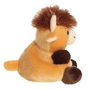 Side view of Palm Pals Hubert Highland Cow plush toy showing fluffy hair