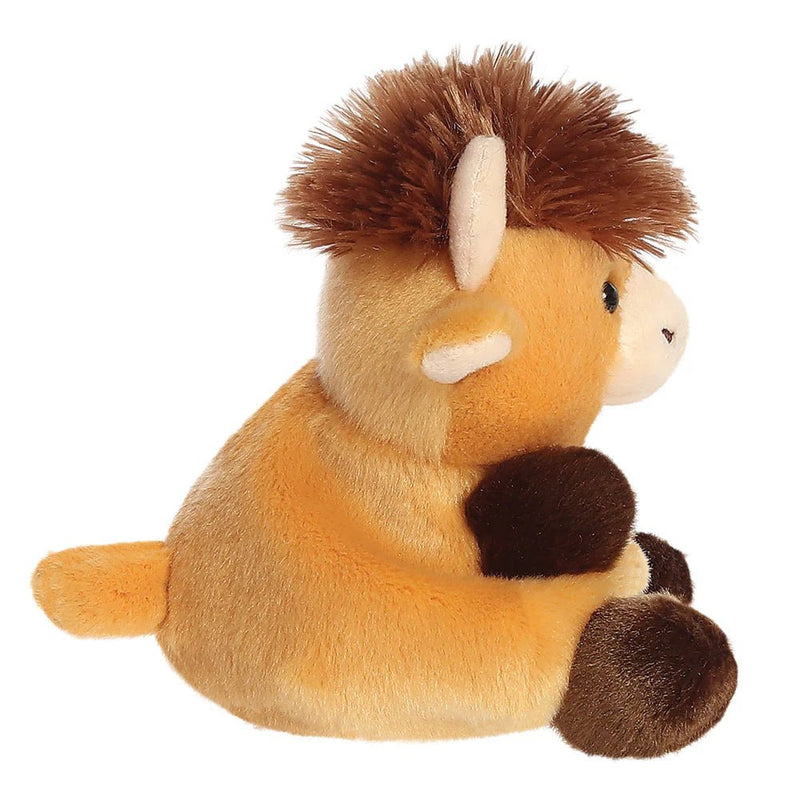 Side view of Palm Pals Hubert Highland Cow plush toy showing fluffy hair