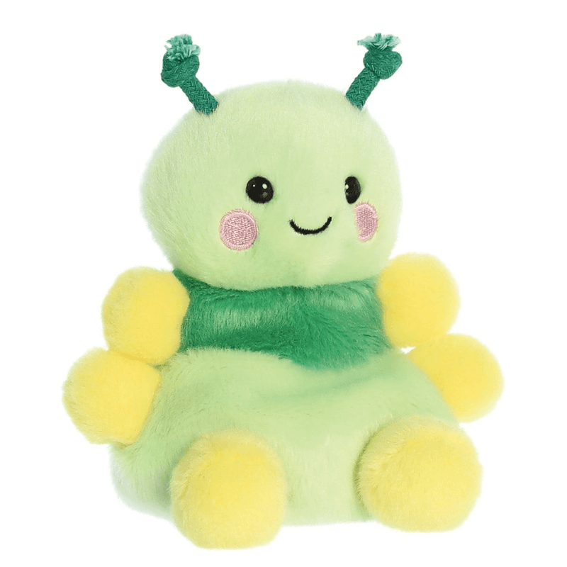 Angled view of Palm Pals Ivy green caterpillar plush toy