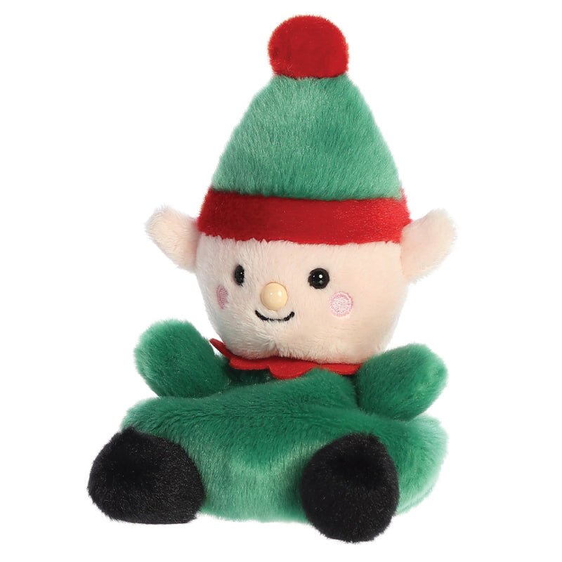 Angled view of Jolly Elf plush, smiling face and green outfit with red collar