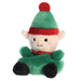 Angled view of Jolly Elf plush, smiling face and green outfit with red collar