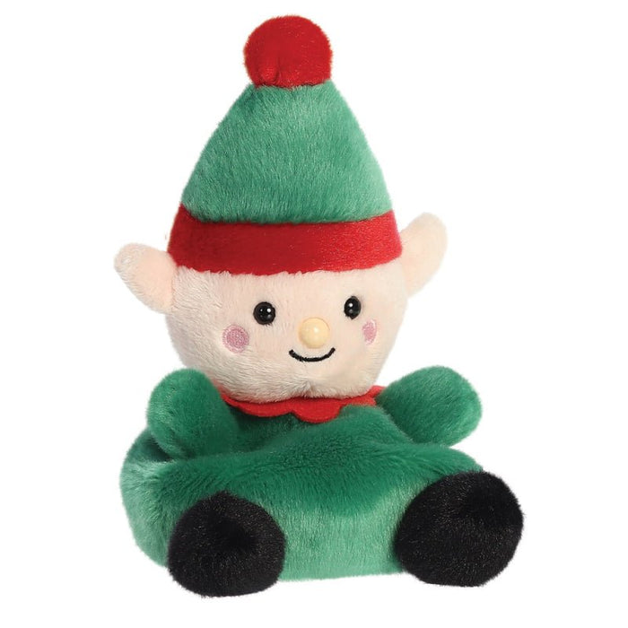 Three-quarter view of Palm Pals Jolly Elf plush with seated pose