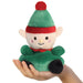 Jolly Elf Palm Pals plush shown in hand to illustrate 13cm size