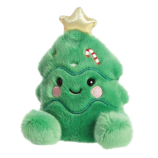 Angled view of Jubilee Tree plush, smiling face and pom-pom paws