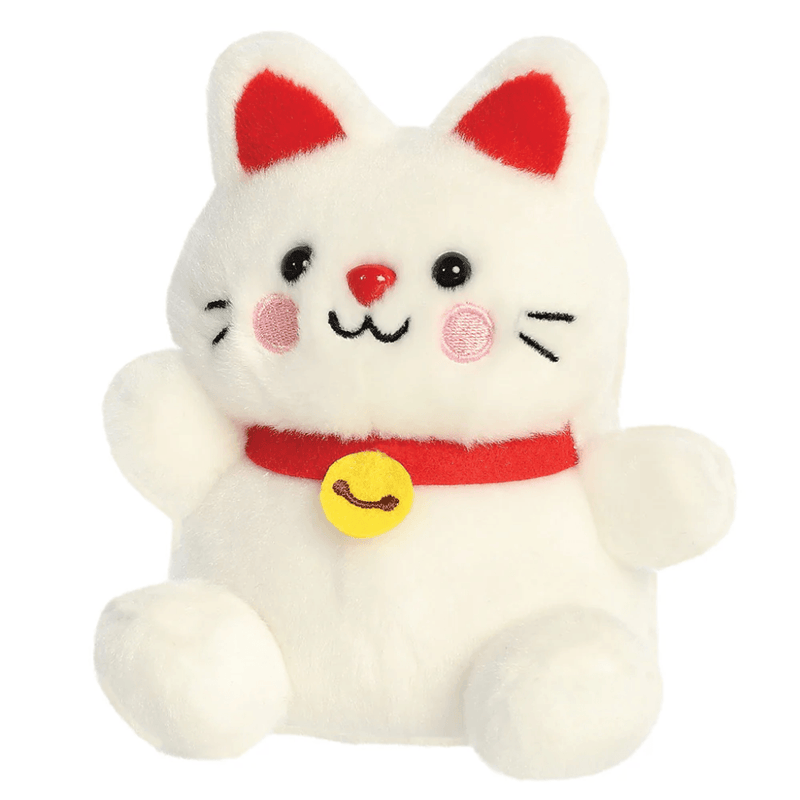 Palm Pals Kota Lucky Cat plush with smiling face, pink cheeks, red collar, golden bell and waving paw.
