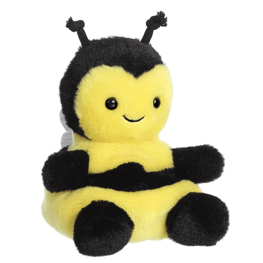 Angled view of Palm Pals Queenie black and yellow bee plush toy