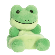 Angled view of Palm Pals Ribbits green frog plush toy