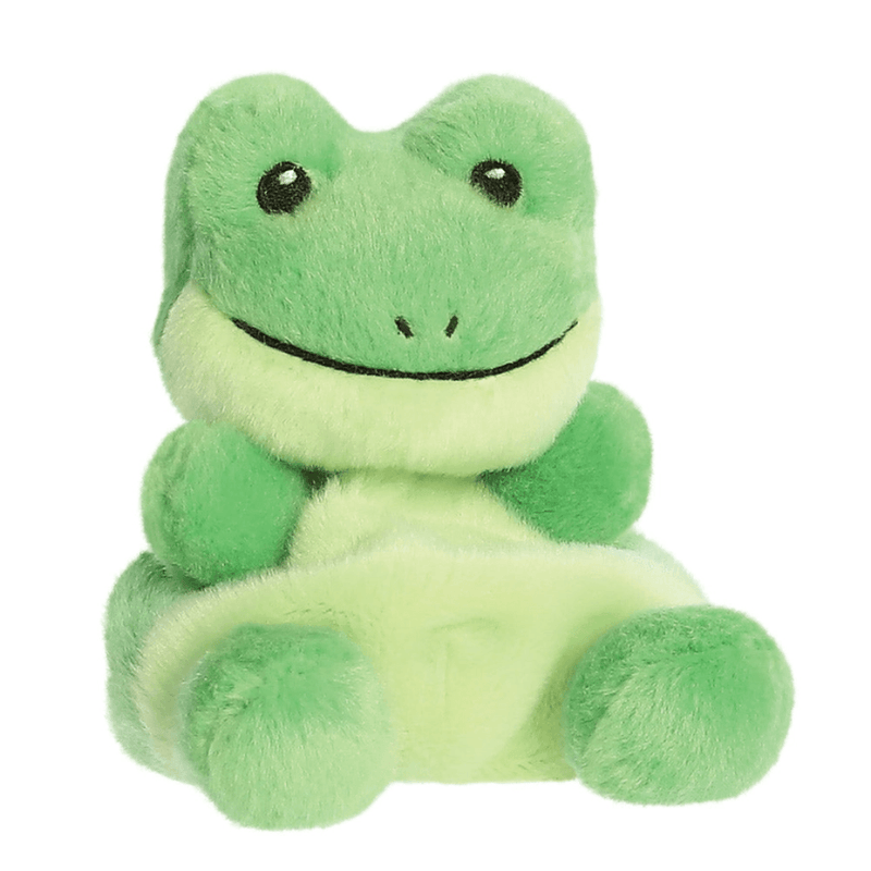 Angled view of Palm Pals Ribbits green frog plush toy