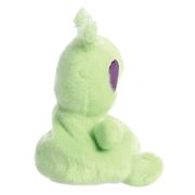 Side view of Palm Pals Ross Alien green soft toy with purple eyes