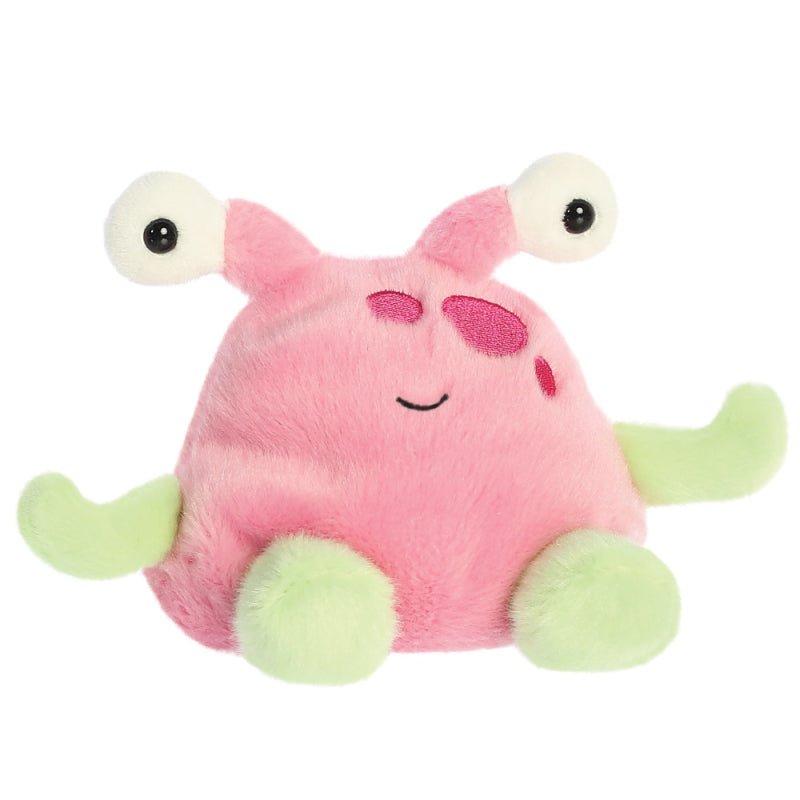 Palm Pals Silly Alien plush toy, 13cm, pink with bobbly eye stalks and mint-green paws