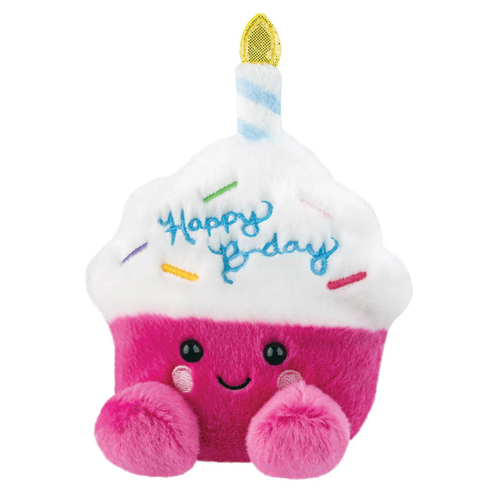 Palm Pals Sparkle Birthday Cupcake plushie close front showing Happy Birthday stitching