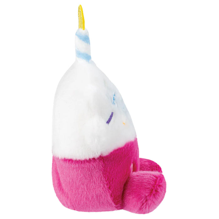 Side view of Palm Pals Sparkle Birthday Cupcake plushie with candle detail