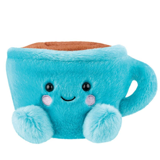 Front view Toby Teacup plush, turquoise cup, cocoa top, friendly face