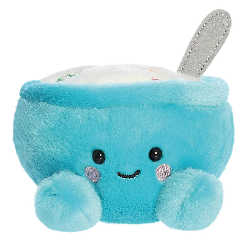 Palm Pals Trixie Cereal plush toy front view blue bowl with smiling face and spoon