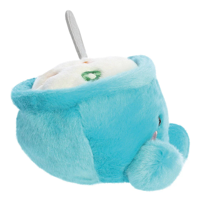 Side view of Palm Pals Trixie Cereal plushie showing blue bowl shape