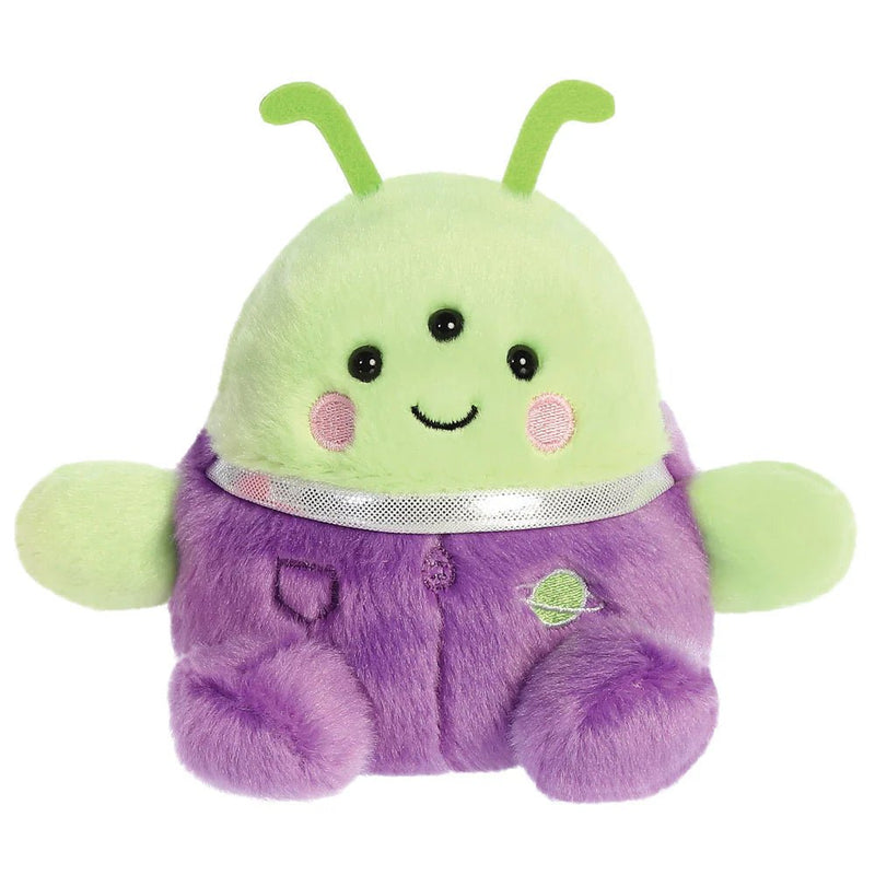 Front view of Palm Pals Zorg green alien plush, three eyes, antennae and purple spacesuit.