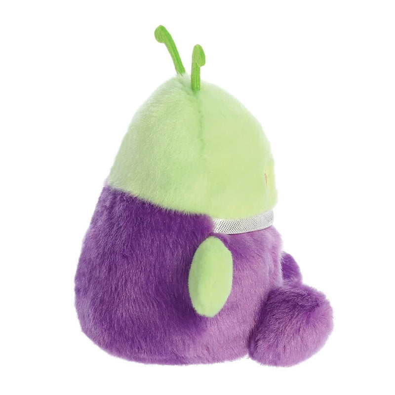 Back view of Palm Pals Zorg 13cm plush with green head and purple suit.