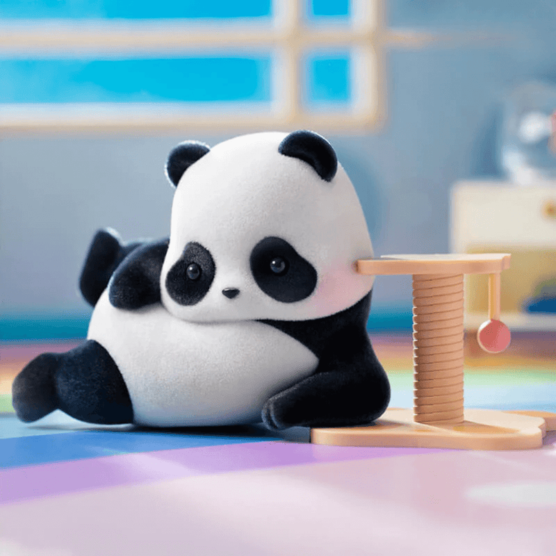 Cat Tree design: panda lounging beside a scratch post – Panda Roll Blind Box collectable
