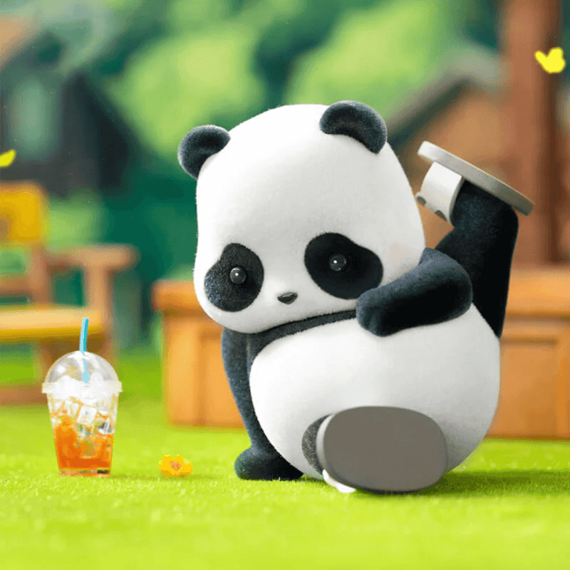 Panda Roll Blind Box collectable – Cat’s Shoes panda balancing on one foot beside an iced drink
