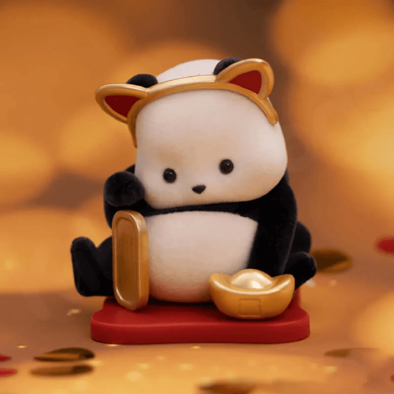 Lucky Beans super hidden Panda Roll Blind Box collectable – panda with gold ingot and plaque on red base
