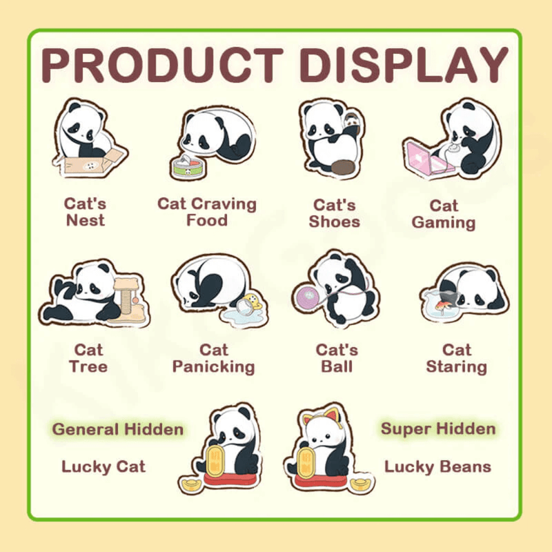 Line-up graphic showing all 8 Panda Roll designs plus Lucky Cat and Lucky Beans hidden figures
