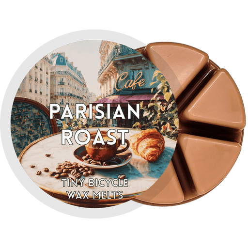 Parisian Roast wax melt pot with six brown segments and café label artwork