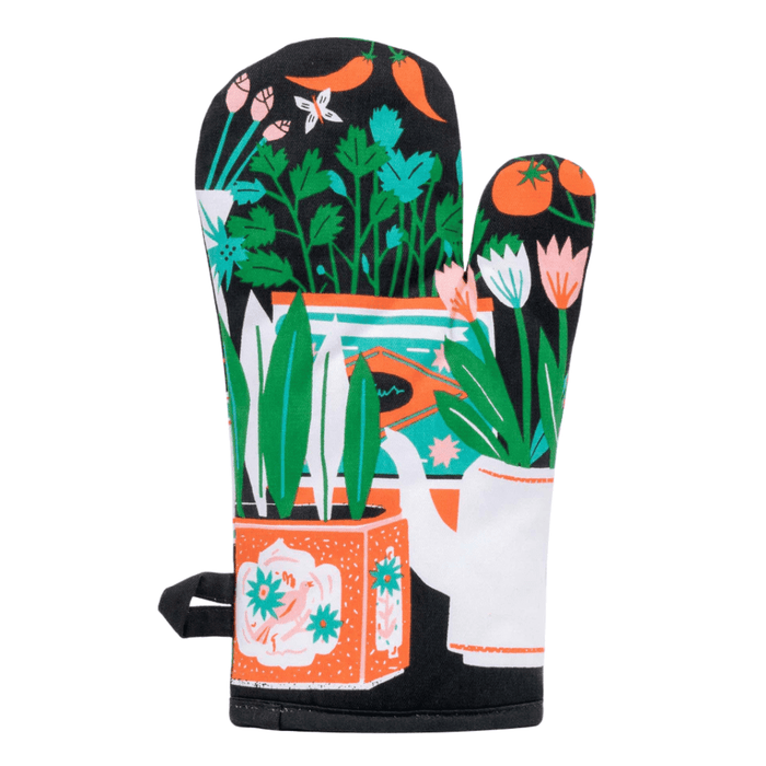 Reverse of Blue Q Parsley Sage Rosemary & Fuck Off oven mitt with colourful garden print