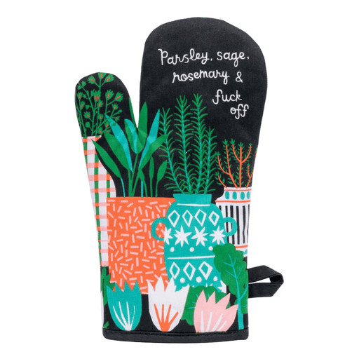 Front view of oven mitt with colourful herbs and flowers in pots.
