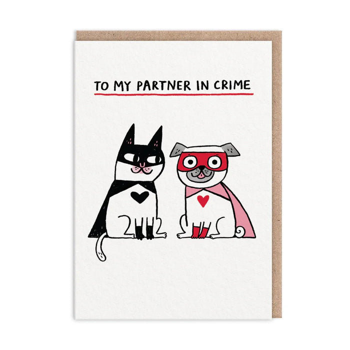 Partner in Crime Costume A6 greeting card with cat and dog in superhero outfits
