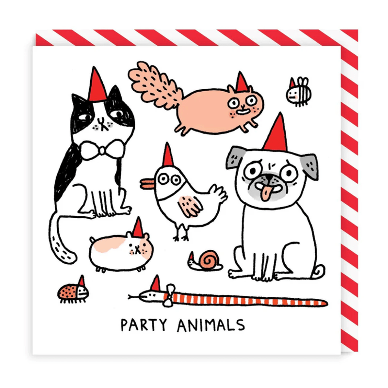 	Illustrated Party Animals birthday greeting card with pug, cat, bird and other pets in red party hats on white background