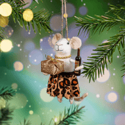 Party guest mouse felt decoration hanging from a Christmas tree