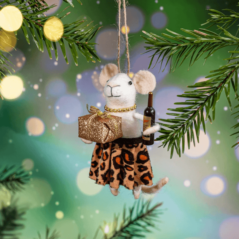 Party guest mouse felt decoration hanging from a Christmas tree