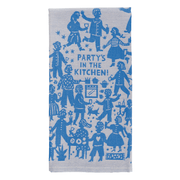 Front of Blue Q Party’s In The Kitchen tea towel with blue woven kitchen scene