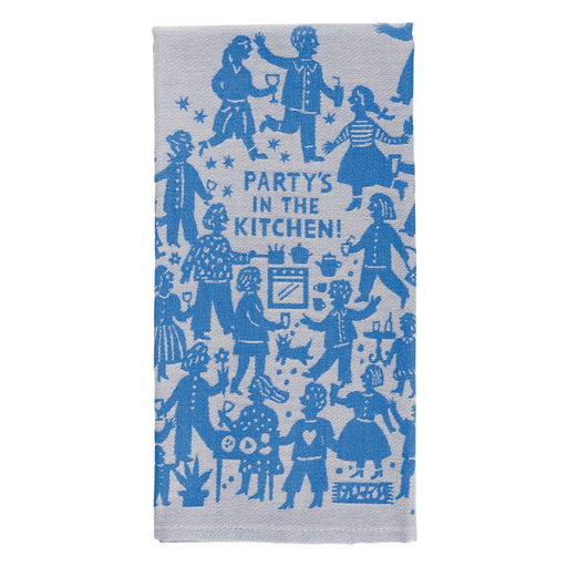 Party’s In The Kitchen Blue Q dish towel, folded front view on white background.