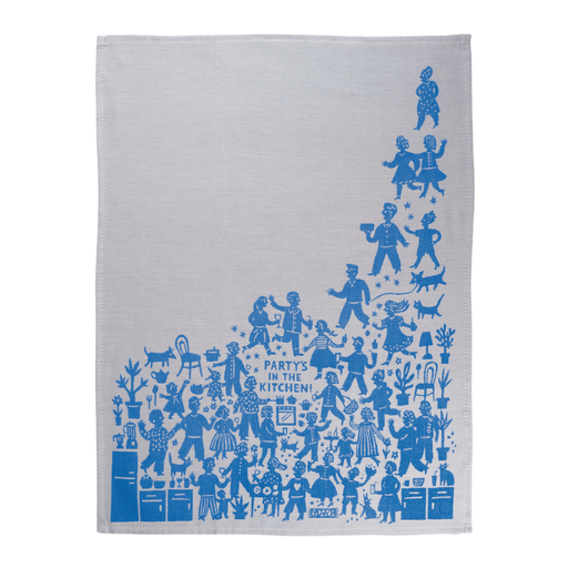 Full Party’s In The Kitchen tea towel, blue woven illustration on grey cotton.